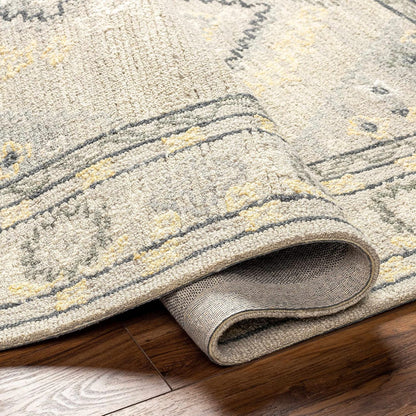 Zeno Wool Living Room, Bedroom Area Rug - Medallion Border Geometric Diamond Floral - Traditional Oriental Tribal Transitional - Light Gray, Eggplant, Gray, Beige, Yellow - 2' x 3'