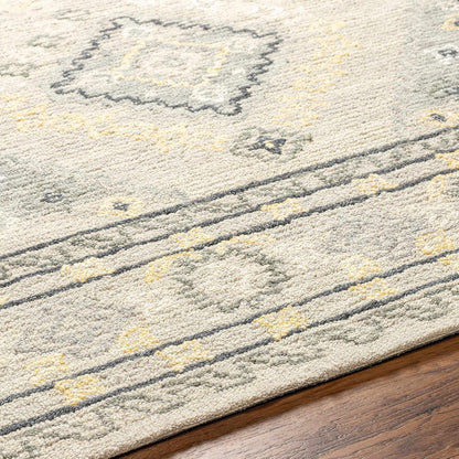 Zeno Wool Living Room, Bedroom Area Rug - Medallion Border Geometric Diamond Floral - Traditional Oriental Tribal Transitional - Light Gray, Eggplant, Gray, Beige, Yellow - 2' x 3'