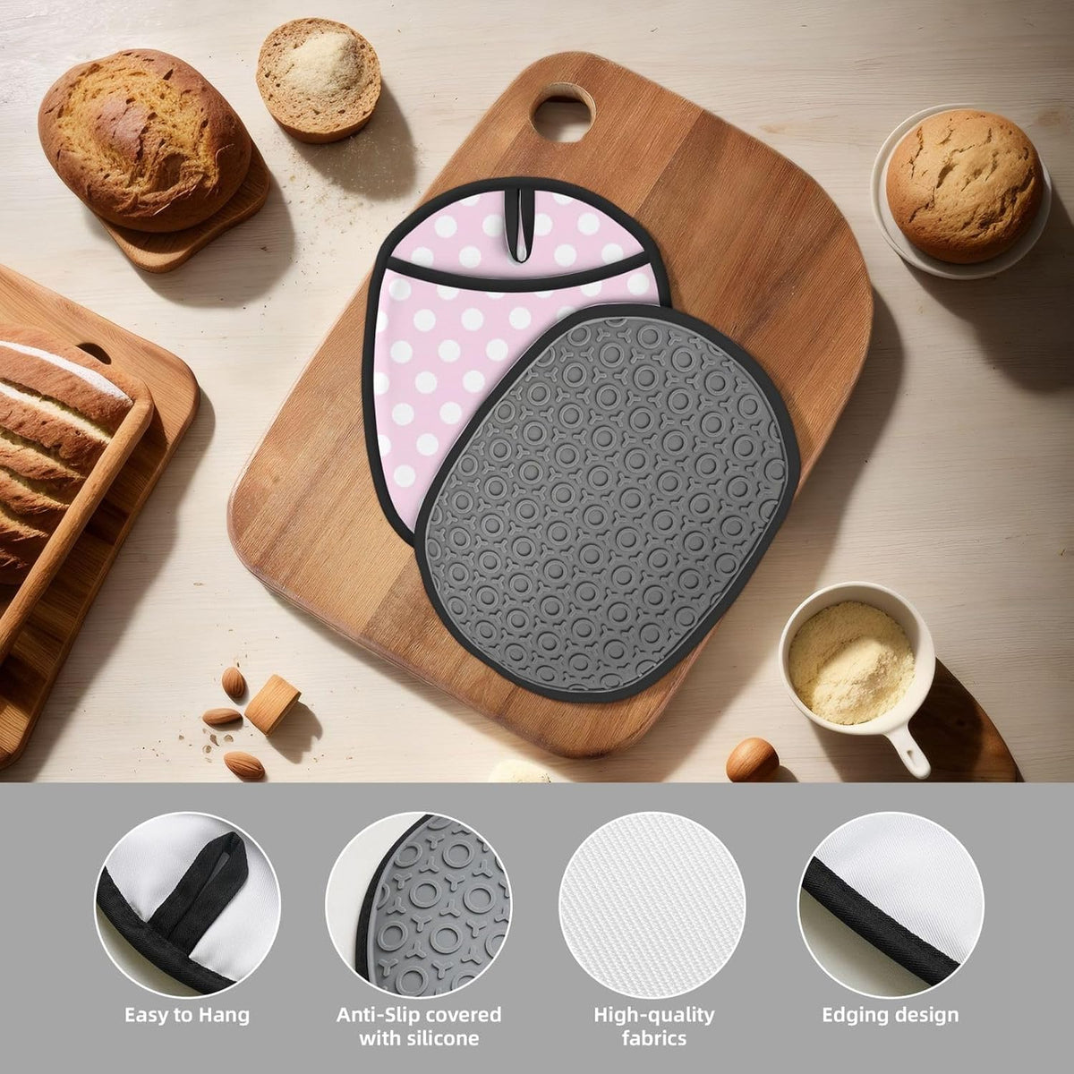 Light Pink Polka Dot Print A Pot Holders for Kitchen 1 PC - Heat Resistant Oven Mitts Hot Pads with Pocket, Silicone Pot Holders with Hanging Loop, Non Slip Potholders for Kitchen Baking Cooking