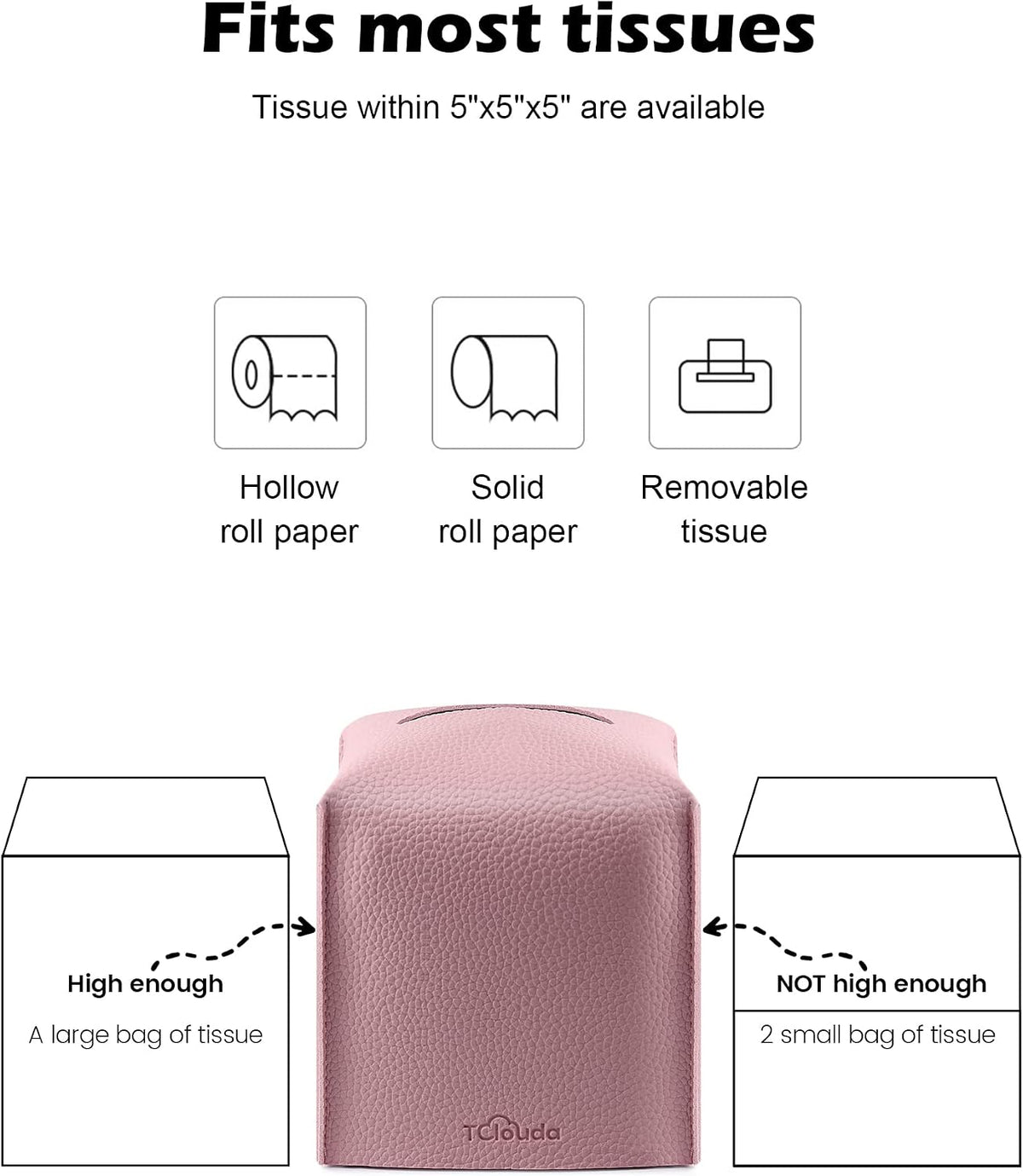 Tissue Box Cover for PU Leather, Modern Simple Solid Color Holder Square Tissue Bag, Ideal for Bathrooms,Office,Car,Nightstand,Outdoor Tent,Dining Table,5"X5"X5", Double Pink