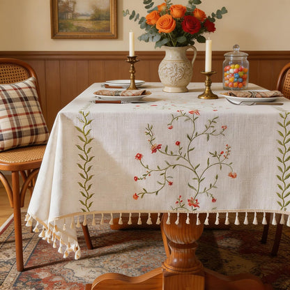 Pink Florals Embroidery Rectangle Tablecloth with Tassel 55"×75"