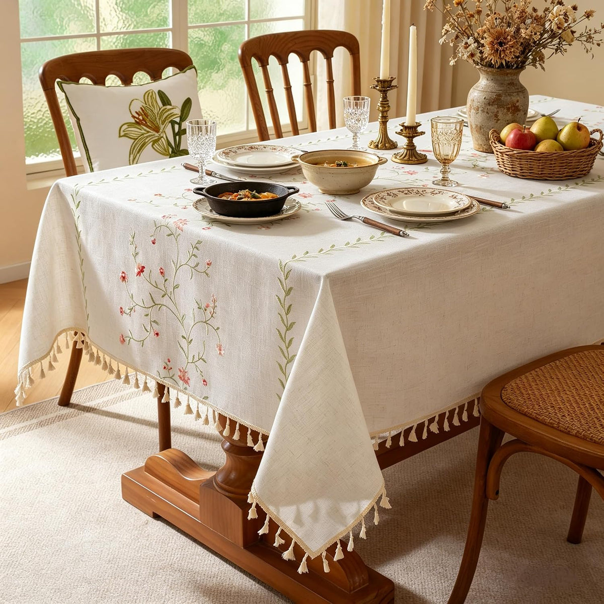 Pink Florals Embroidery Rectangle Tablecloth with Tassel 55"×75"