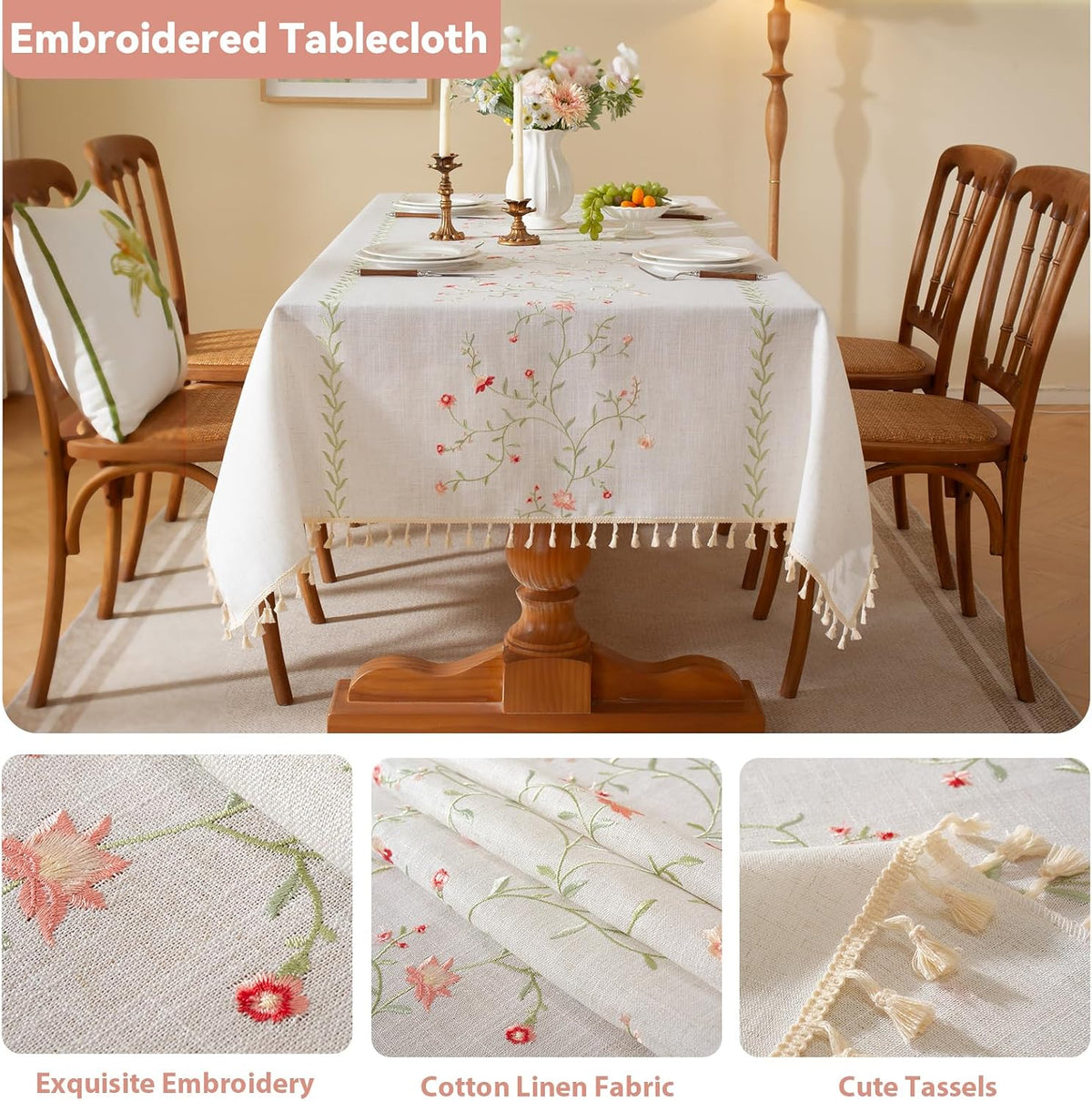 Pink Florals Embroidery Rectangle Tablecloth with Tassel 55"×75"