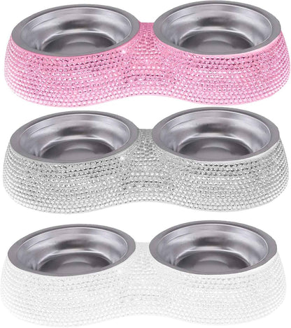 Small Cat Bowls Pink, 320ML Handmade Bling Rhinestones Stainless Steel Pet Bowls Removable Double Food Water Feeder for Puppy Cats Dogs