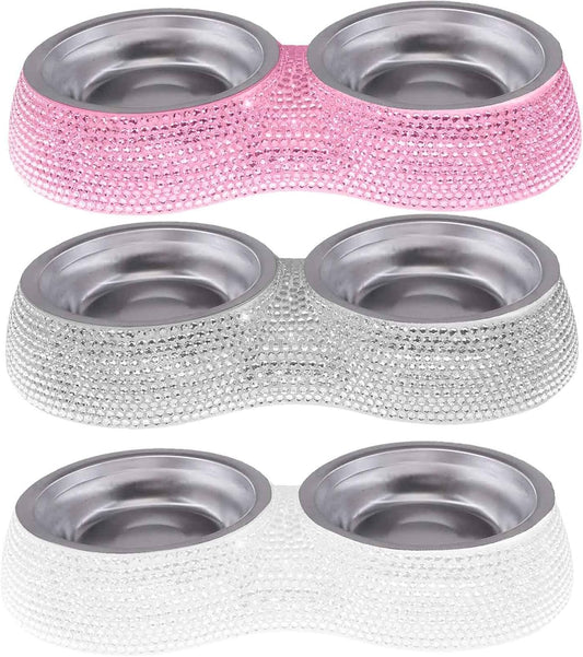 Small Cat Bowls Pink, 320ML Handmade Bling Rhinestones Stainless Steel Pet Bowls Removable Double Food Water Feeder for Puppy Cats Dogs