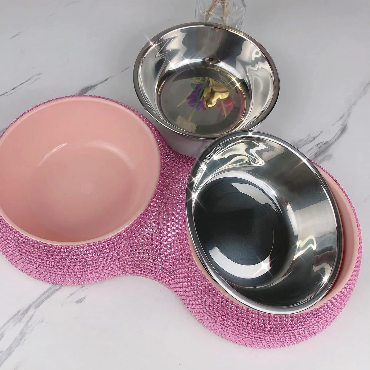 Small Cat Bowls Pink, 320ML Handmade Bling Rhinestones Stainless Steel Pet Bowls Removable Double Food Water Feeder for Puppy Cats Dogs