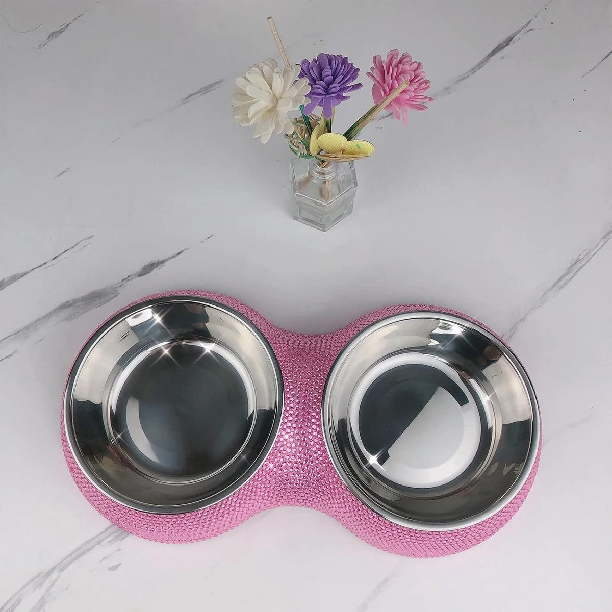 Small Cat Bowls Pink, 320ML Handmade Bling Rhinestones Stainless Steel Pet Bowls Removable Double Food Water Feeder for Puppy Cats Dogs