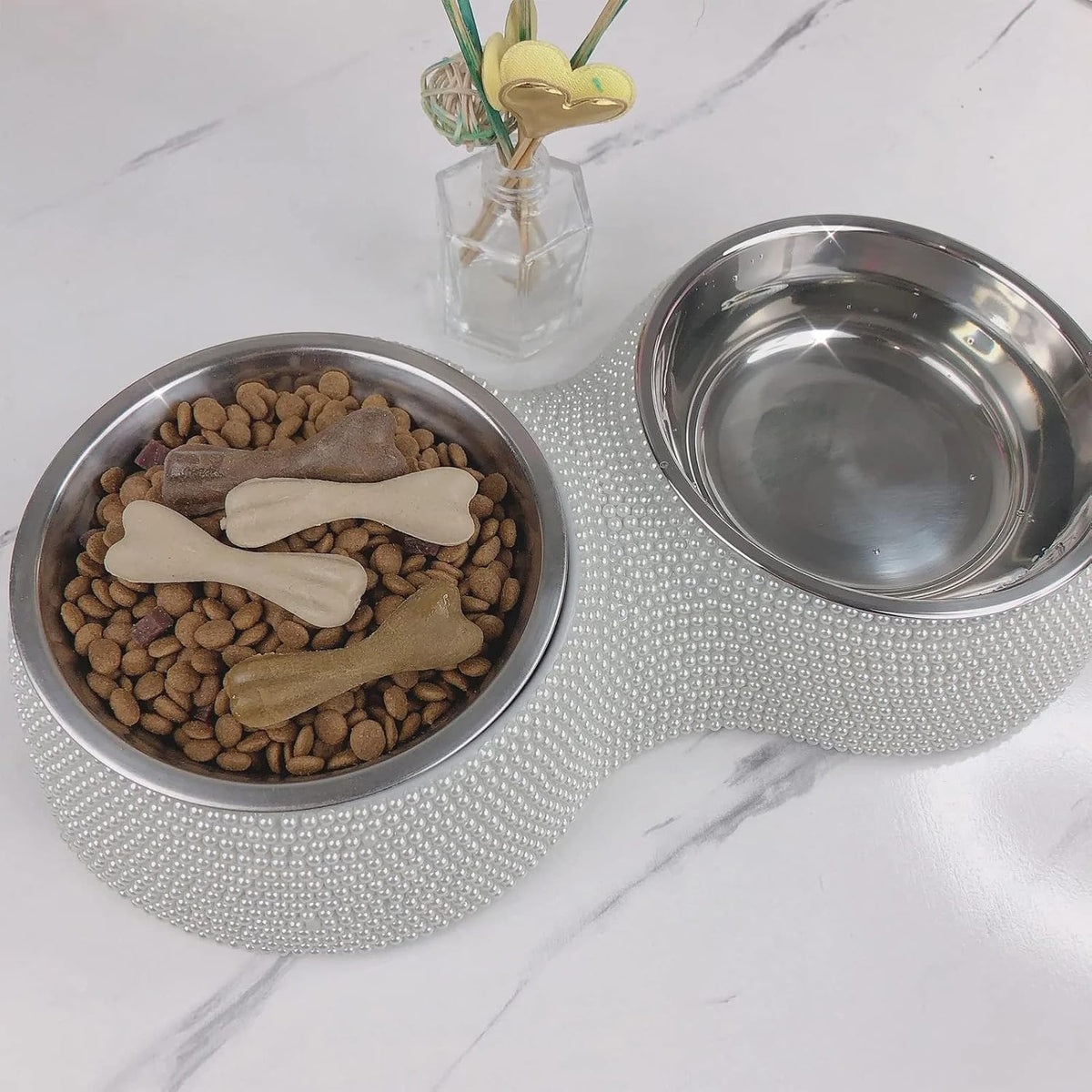 Small Cat Bowls Pink, 320ML Handmade Bling Rhinestones Stainless Steel Pet Bowls Removable Double Food Water Feeder for Puppy Cats Dogs