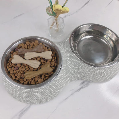 Small Cat Bowls Pink, 320ML Handmade Bling Rhinestones Stainless Steel Pet Bowls Removable Double Food Water Feeder for Puppy Cats Dogs