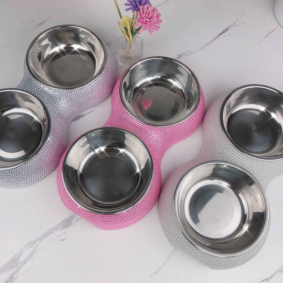 Small Cat Bowls Pink, 320ML Handmade Bling Rhinestones Stainless Steel Pet Bowls Removable Double Food Water Feeder for Puppy Cats Dogs