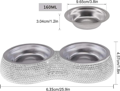 Small Cat Bowls Pink, 320ML Handmade Bling Rhinestones Stainless Steel Pet Bowls Removable Double Food Water Feeder for Puppy Cats Dogs