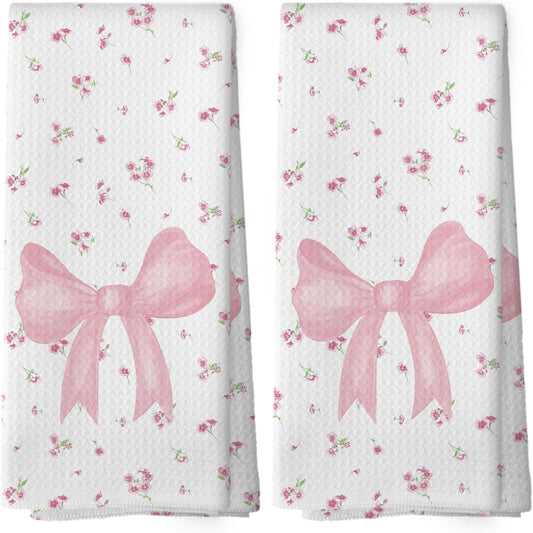 Coquette Floral Soft Pink Bow Girls Gifts Kitchen Towels Set of 2, Flower Cottagecore Bow Ribbon Hand Towels for Bathroom Decorative Dish Towels, Coquette Girly Bathroom Decor, 16x24 Inch