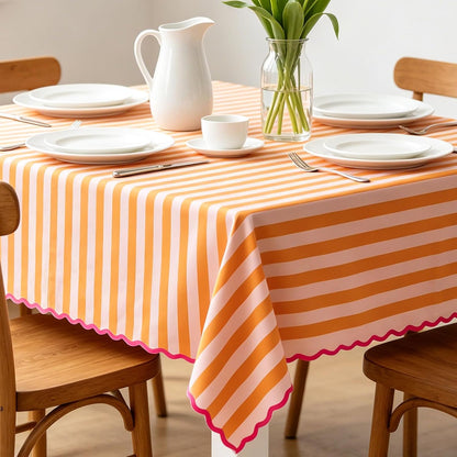 Orange Pink Striped Tablecloth, Fall Scalloped Edge Rectangle Table Cloth Waterproof Polyester for Autumn Thanksgiving Harvest Holiday Dinner Party Kitchen Decor, 55 x 70 Inch