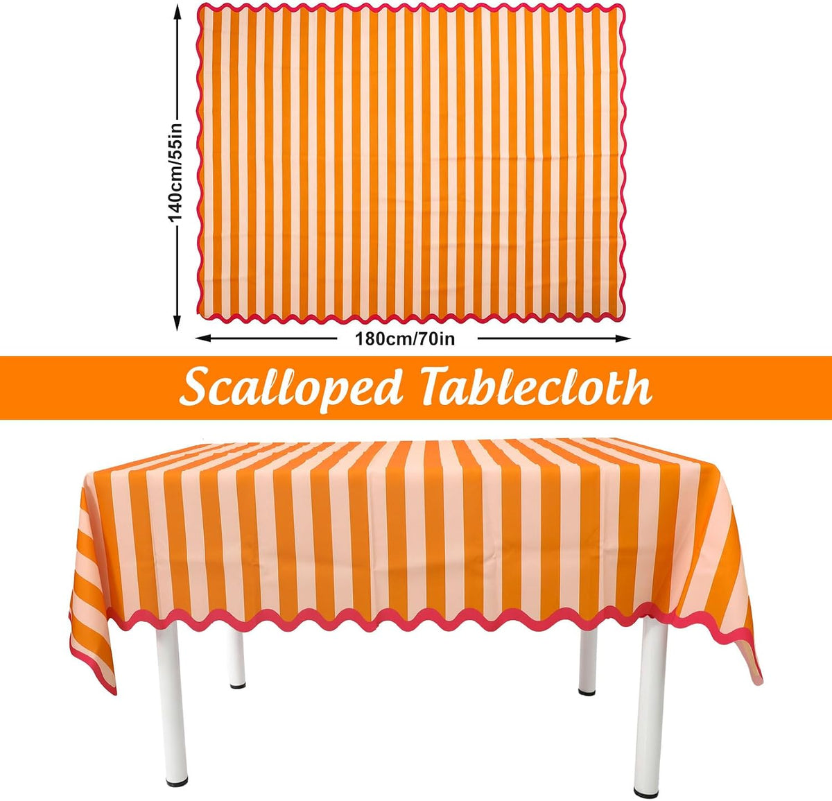 Orange Pink Striped Tablecloth, Fall Scalloped Edge Rectangle Table Cloth Waterproof Polyester for Autumn Thanksgiving Harvest Holiday Dinner Party Kitchen Decor, 55 x 70 Inch