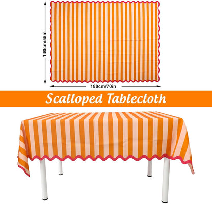 Orange Pink Striped Tablecloth, Fall Scalloped Edge Rectangle Table Cloth Waterproof Polyester for Autumn Thanksgiving Harvest Holiday Dinner Party Kitchen Decor, 55 x 70 Inch