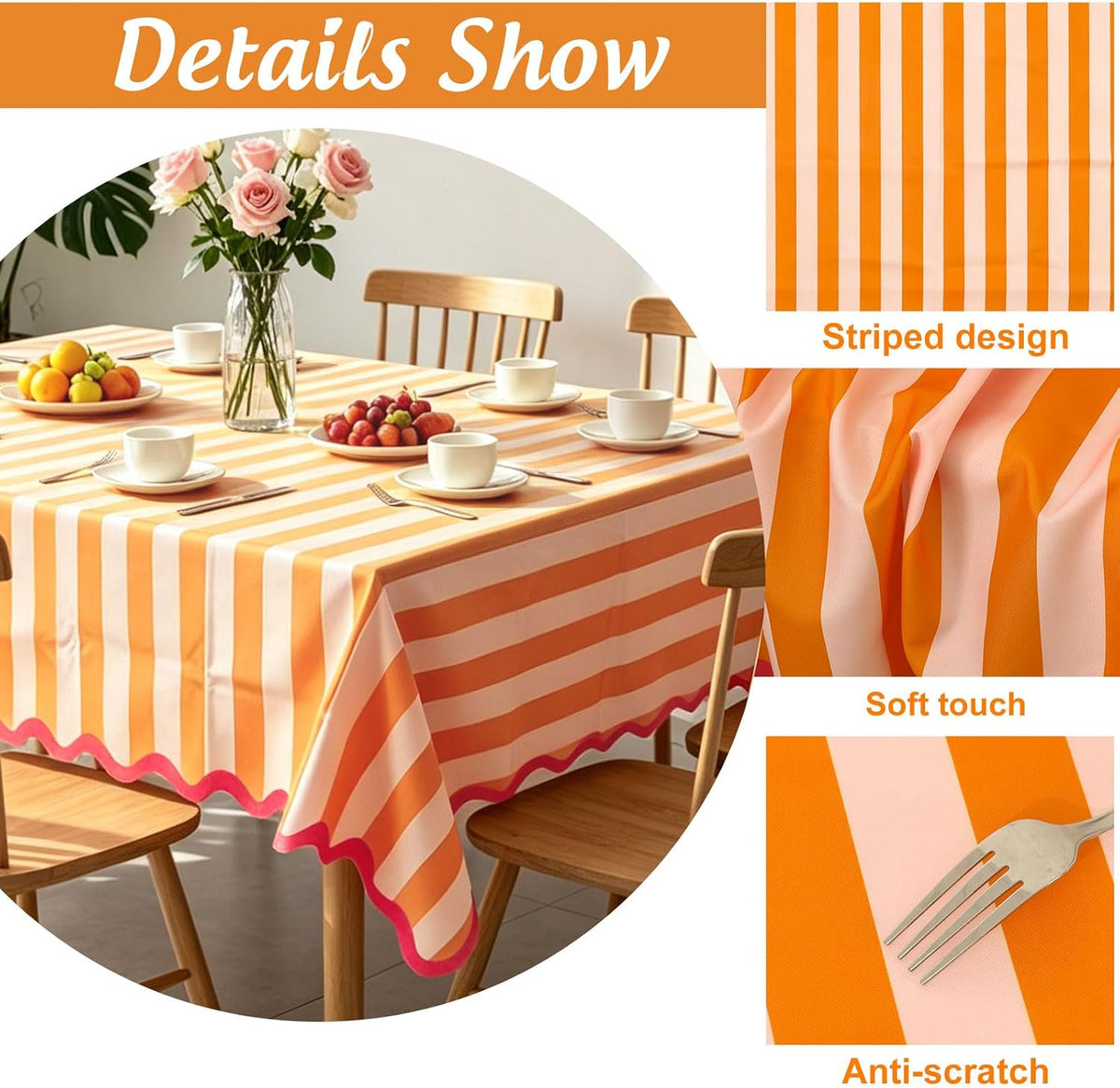 Orange Pink Striped Tablecloth, Fall Scalloped Edge Rectangle Table Cloth Waterproof Polyester for Autumn Thanksgiving Harvest Holiday Dinner Party Kitchen Decor, 55 x 70 Inch