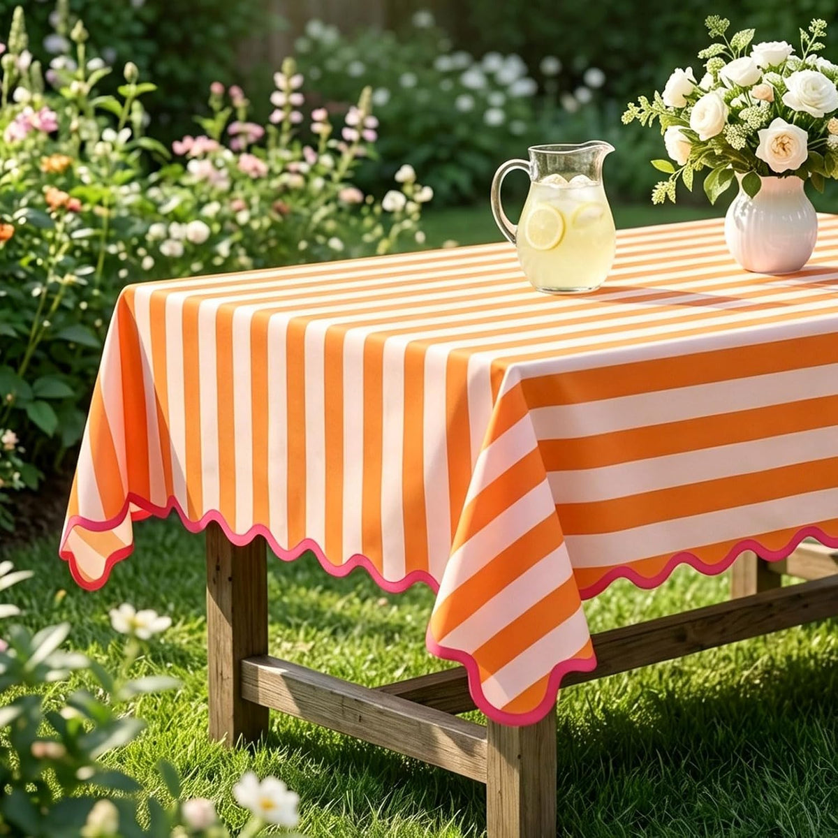 Orange Pink Striped Tablecloth, Fall Scalloped Edge Rectangle Table Cloth Waterproof Polyester for Autumn Thanksgiving Harvest Holiday Dinner Party Kitchen Decor, 55 x 70 Inch