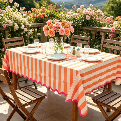 Orange Pink Striped Tablecloth, Fall Scalloped Edge Rectangle Table Cloth Waterproof Polyester for Autumn Thanksgiving Harvest Holiday Dinner Party Kitchen Decor, 55 x 70 Inch