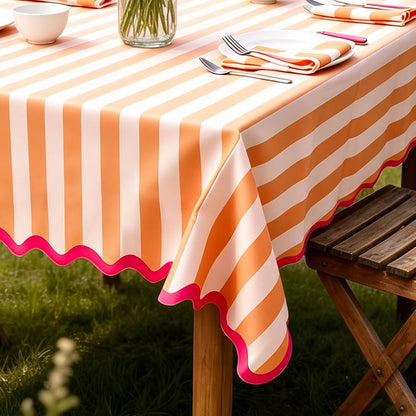 Orange Pink Striped Tablecloth, Fall Scalloped Edge Rectangle Table Cloth Waterproof Polyester for Autumn Thanksgiving Harvest Holiday Dinner Party Kitchen Decor, 55 x 70 Inch