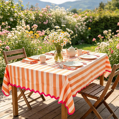 Orange Pink Striped Tablecloth, Fall Scalloped Edge Rectangle Table Cloth Waterproof Polyester for Autumn Thanksgiving Harvest Holiday Dinner Party Kitchen Decor, 55 x 70 Inch