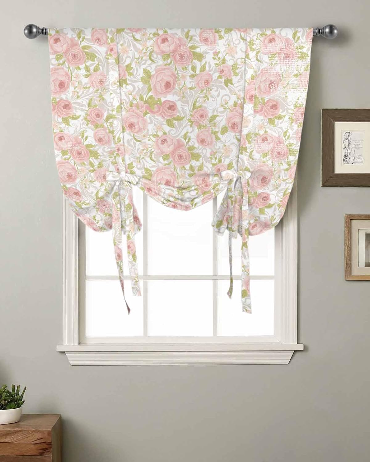 Pink Flower Tie Up Curtains for Window, Thermal Insulted Balloon Shade Adjustable Rod Pocket Curtains Valance Panels for Kitchen Bathroom Café 42 x 45 Sage Green Pastoral Country European Leaves