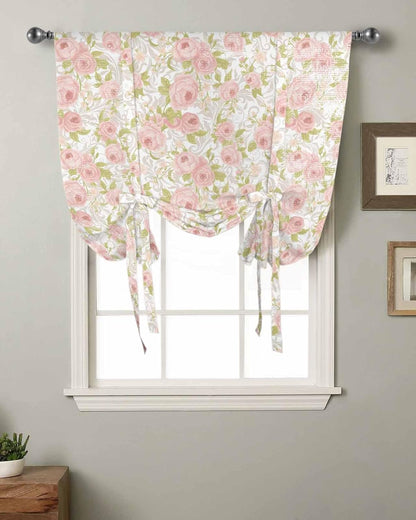 Pink Flower Tie Up Curtains for Window, Thermal Insulted Balloon Shade Adjustable Rod Pocket Curtains Valance Panels for Kitchen Bathroom Café 42 x 45 Sage Green Pastoral Country European Leaves