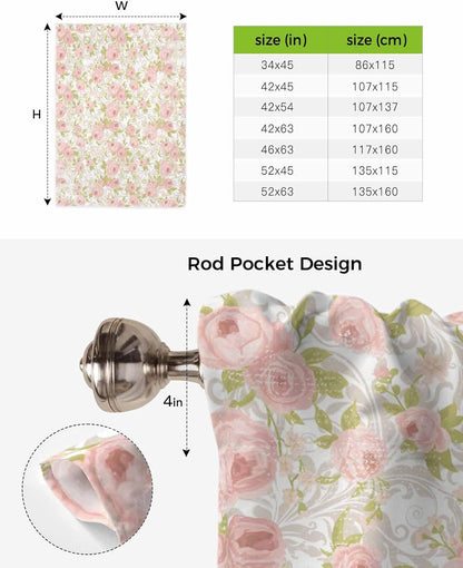 Pink Flower Tie Up Curtains for Window, Thermal Insulted Balloon Shade Adjustable Rod Pocket Curtains Valance Panels for Kitchen Bathroom Café 42 x 45 Sage Green Pastoral Country European Leaves