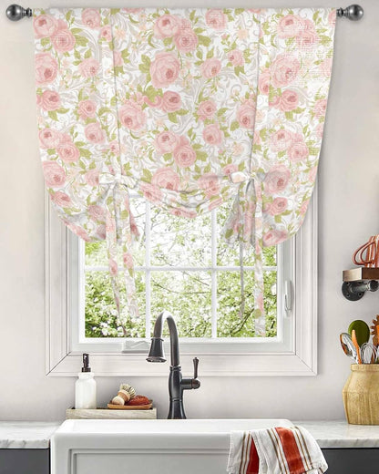Pink Flower Tie Up Curtains for Window, Thermal Insulted Balloon Shade Adjustable Rod Pocket Curtains Valance Panels for Kitchen Bathroom Café 42 x 45 Sage Green Pastoral Country European Leaves