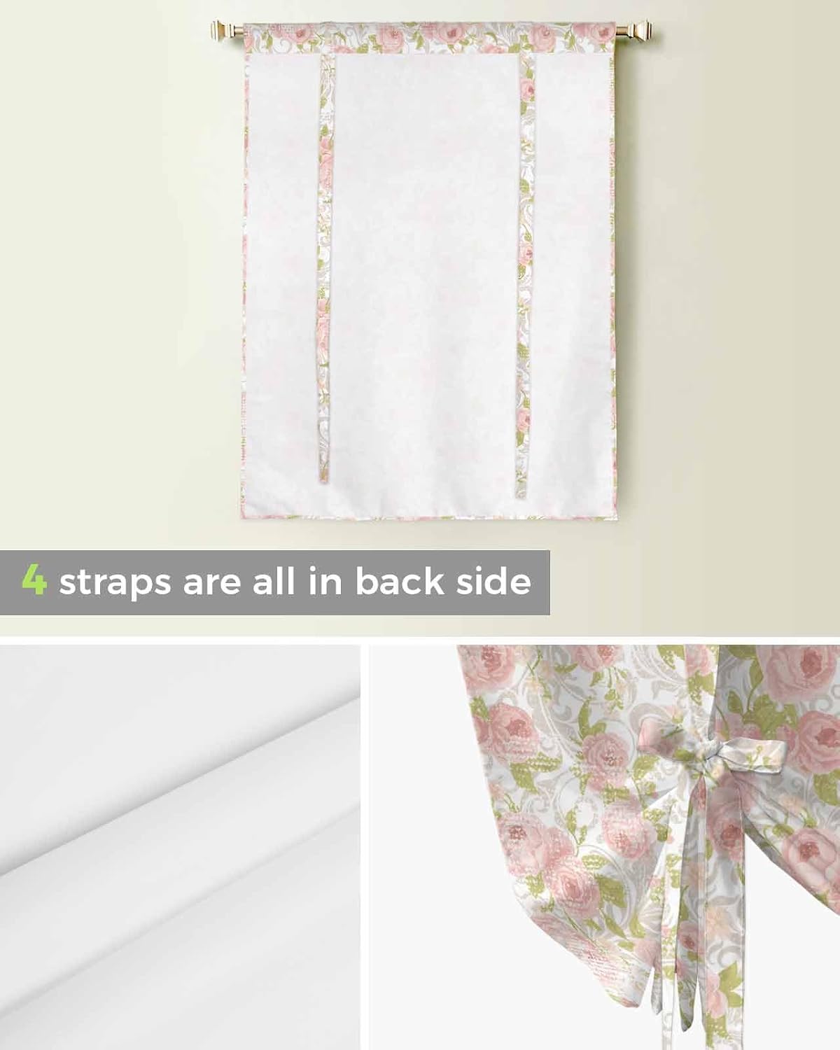 Pink Flower Tie Up Curtains for Window, Thermal Insulted Balloon Shade Adjustable Rod Pocket Curtains Valance Panels for Kitchen Bathroom Café 42 x 45 Sage Green Pastoral Country European Leaves