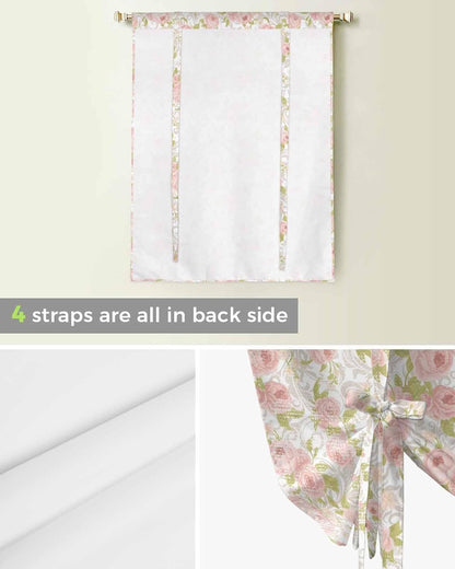 Pink Flower Tie Up Curtains for Window, Thermal Insulted Balloon Shade Adjustable Rod Pocket Curtains Valance Panels for Kitchen Bathroom Café 42 x 45 Sage Green Pastoral Country European Leaves