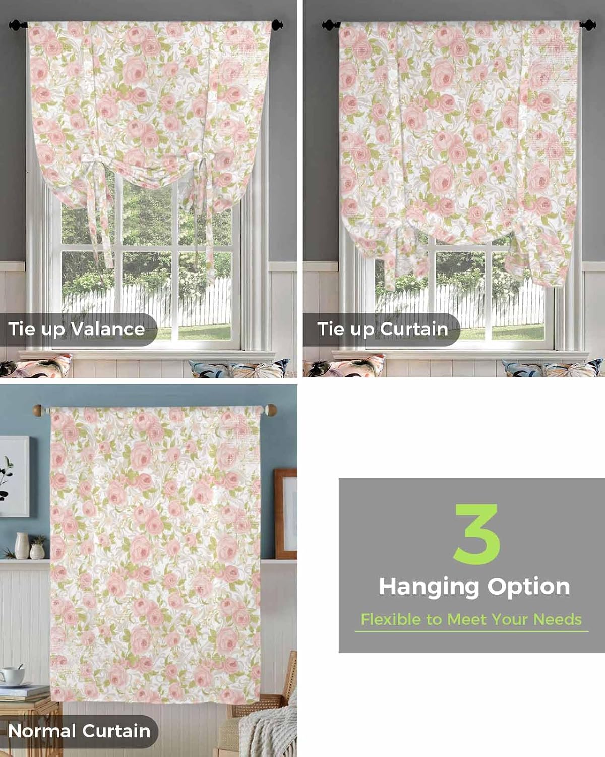 Pink Flower Tie Up Curtains for Window, Thermal Insulted Balloon Shade Adjustable Rod Pocket Curtains Valance Panels for Kitchen Bathroom Café 42 x 45 Sage Green Pastoral Country European Leaves