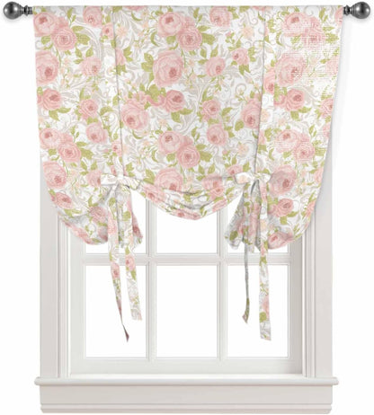 Pink Flower Tie Up Curtains for Window, Thermal Insulted Balloon Shade Adjustable Rod Pocket Curtains Valance Panels for Kitchen Bathroom Café 42 x 45 Sage Green Pastoral Country European Leaves