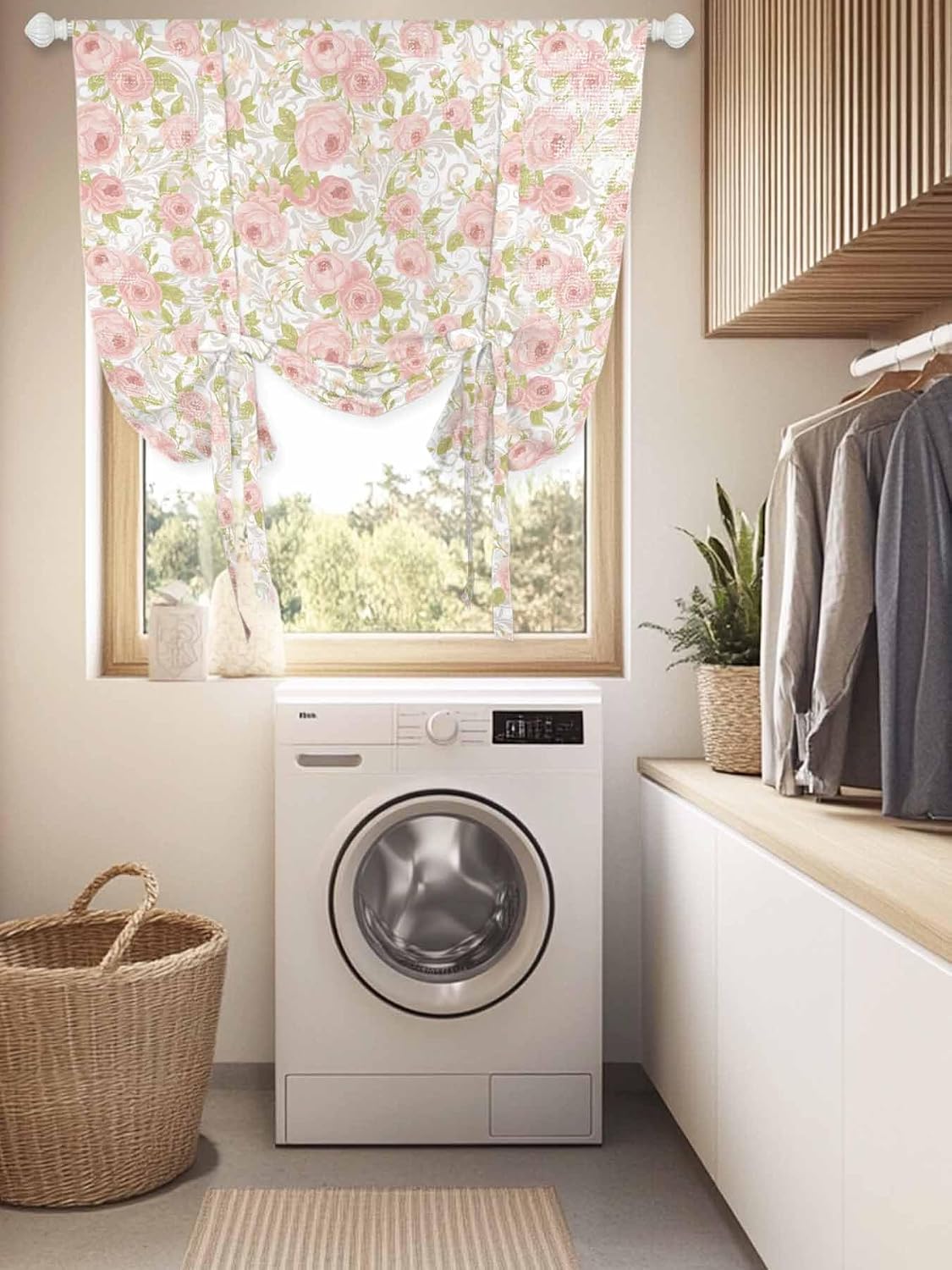Pink Flower Tie Up Curtains for Window, Thermal Insulted Balloon Shade Adjustable Rod Pocket Curtains Valance Panels for Kitchen Bathroom Café 42 x 45 Sage Green Pastoral Country European Leaves