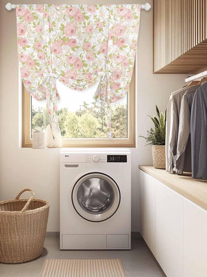 Pink Flower Tie Up Curtains for Window, Thermal Insulted Balloon Shade Adjustable Rod Pocket Curtains Valance Panels for Kitchen Bathroom Café 42 x 45 Sage Green Pastoral Country European Leaves
