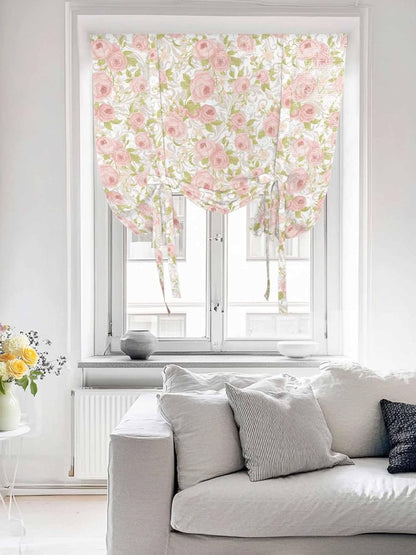 Pink Flower Tie Up Curtains for Window, Thermal Insulted Balloon Shade Adjustable Rod Pocket Curtains Valance Panels for Kitchen Bathroom Café 42 x 45 Sage Green Pastoral Country European Leaves