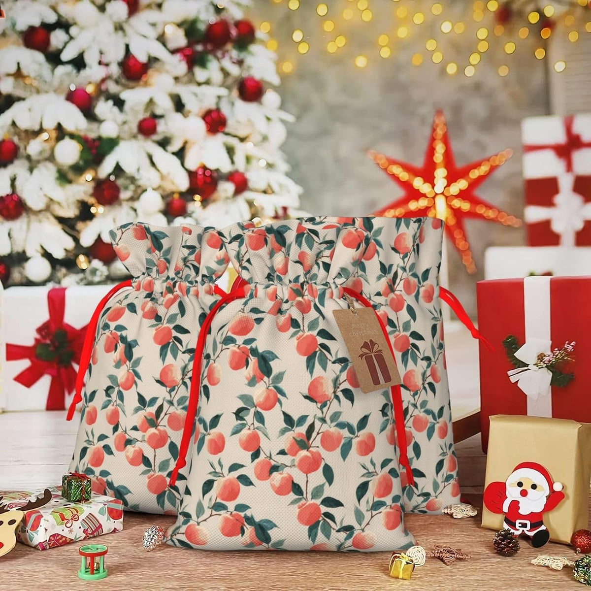 Fruits Peach (3) Print Christmas Drawstring Gift Bags, Reusable Candy Treat Bags For Holiday Birthday Party