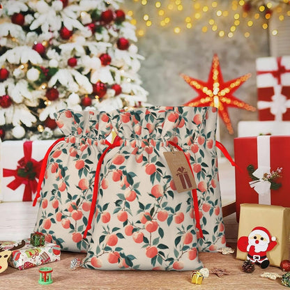 Fruits Peach (3) Print Christmas Drawstring Gift Bags, Reusable Candy Treat Bags For Holiday Birthday Party