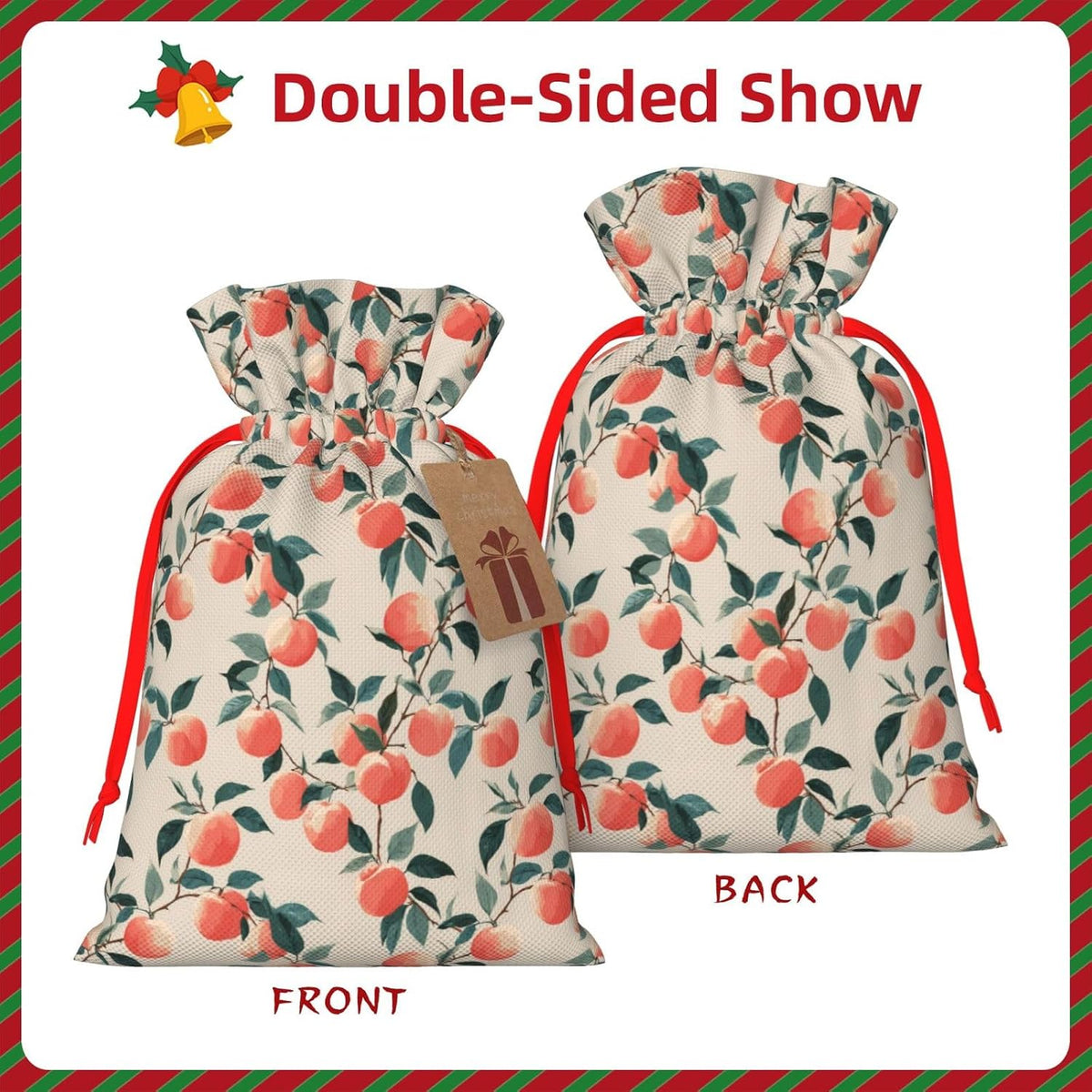 Fruits Peach (3) Print Christmas Drawstring Gift Bags, Reusable Candy Treat Bags For Holiday Birthday Party