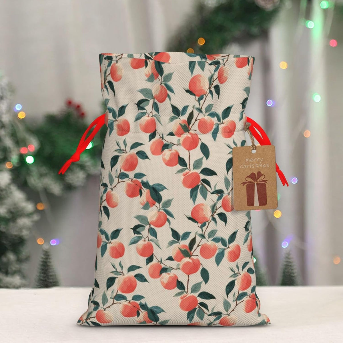 Fruits Peach (3) Print Christmas Drawstring Gift Bags, Reusable Candy Treat Bags For Holiday Birthday Party