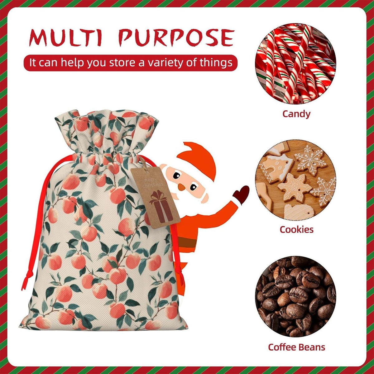 Fruits Peach (3) Print Christmas Drawstring Gift Bags, Reusable Candy Treat Bags For Holiday Birthday Party