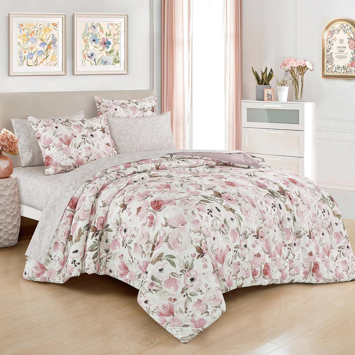 Floral King Comforter with Sheets Set - 7-Piece Pink Bed in a Bag Set