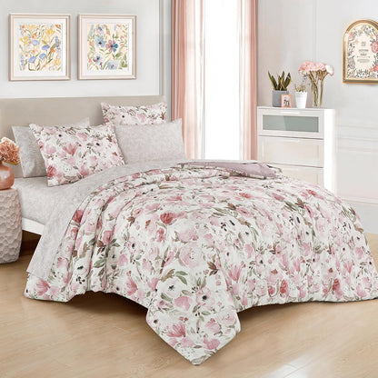Floral King Comforter with Sheets Set - 7-Piece Pink Bed in a Bag Set