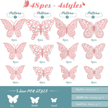 3D Pink Butterfly Wall Decor 3 Sizes 4 Styles Butterfly Party Decorations