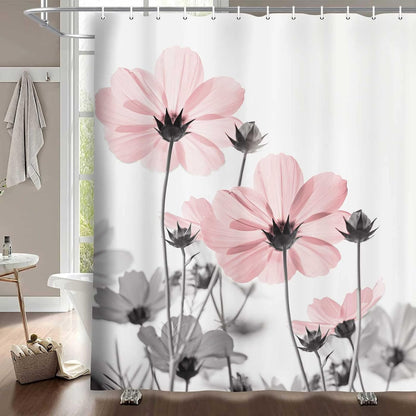 Unique Floral Pink Shower Curtain for Bathroom Decor, Pink and Grey Daisy Flower Elegant Wildflower Design Farmhouse Shower Curtains with Hooks Set, 71 X 71 Inches