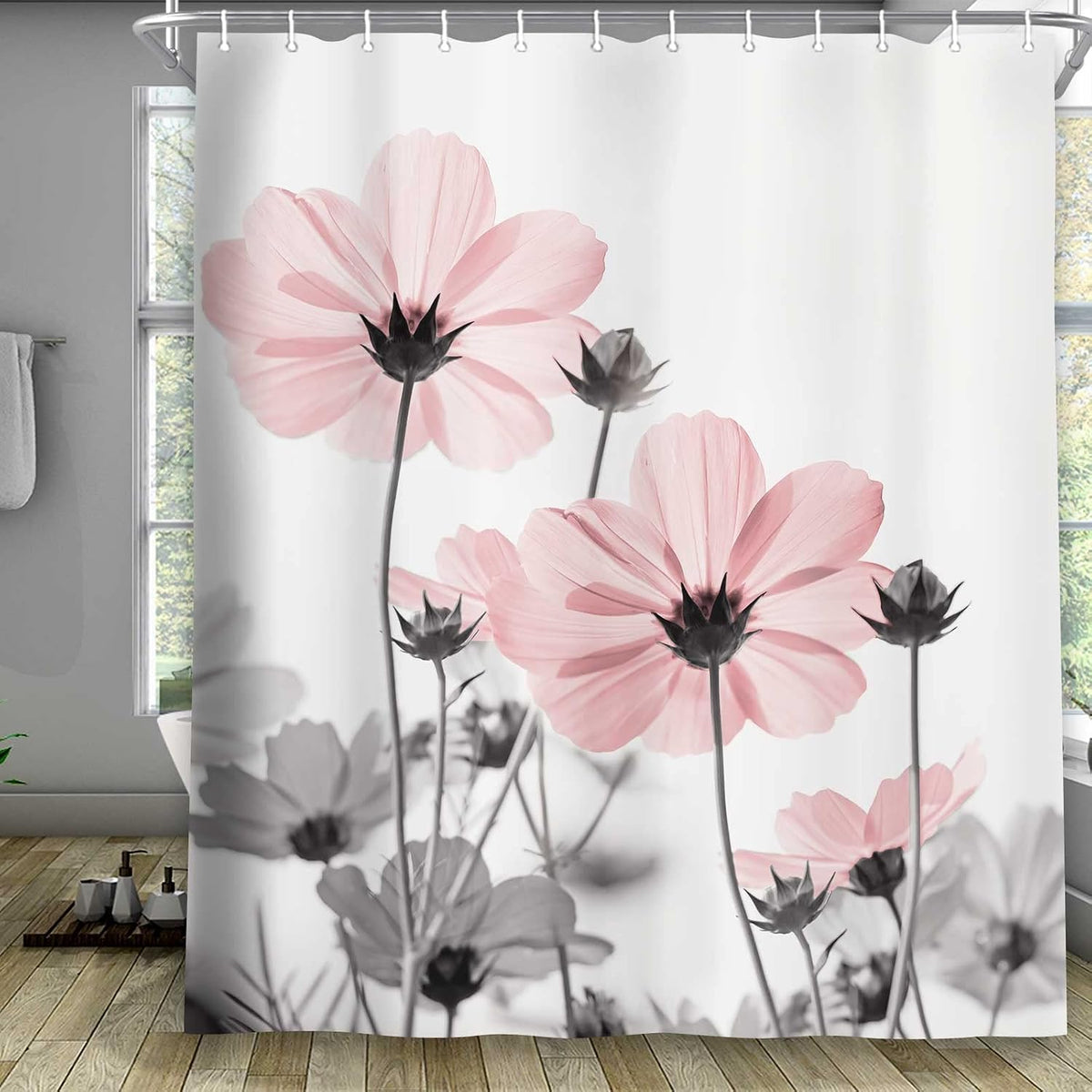 Unique Floral Pink Shower Curtain for Bathroom Decor, Pink and Grey Daisy Flower Elegant Wildflower Design Farmhouse Shower Curtains with Hooks Set, 71 X 71 Inches