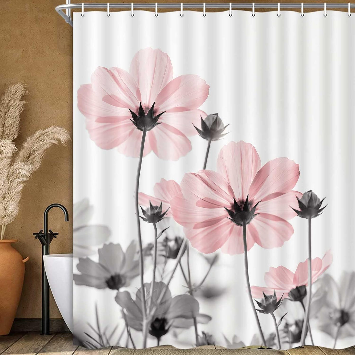 Unique Floral Pink Shower Curtain for Bathroom Decor, Pink and Grey Daisy Flower Elegant Wildflower Design Farmhouse Shower Curtains with Hooks Set, 71 X 71 Inches