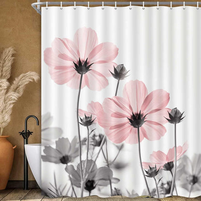 Unique Floral Pink Shower Curtain for Bathroom Decor, Pink and Grey Daisy Flower Elegant Wildflower Design Farmhouse Shower Curtains with Hooks Set, 71 X 71 Inches