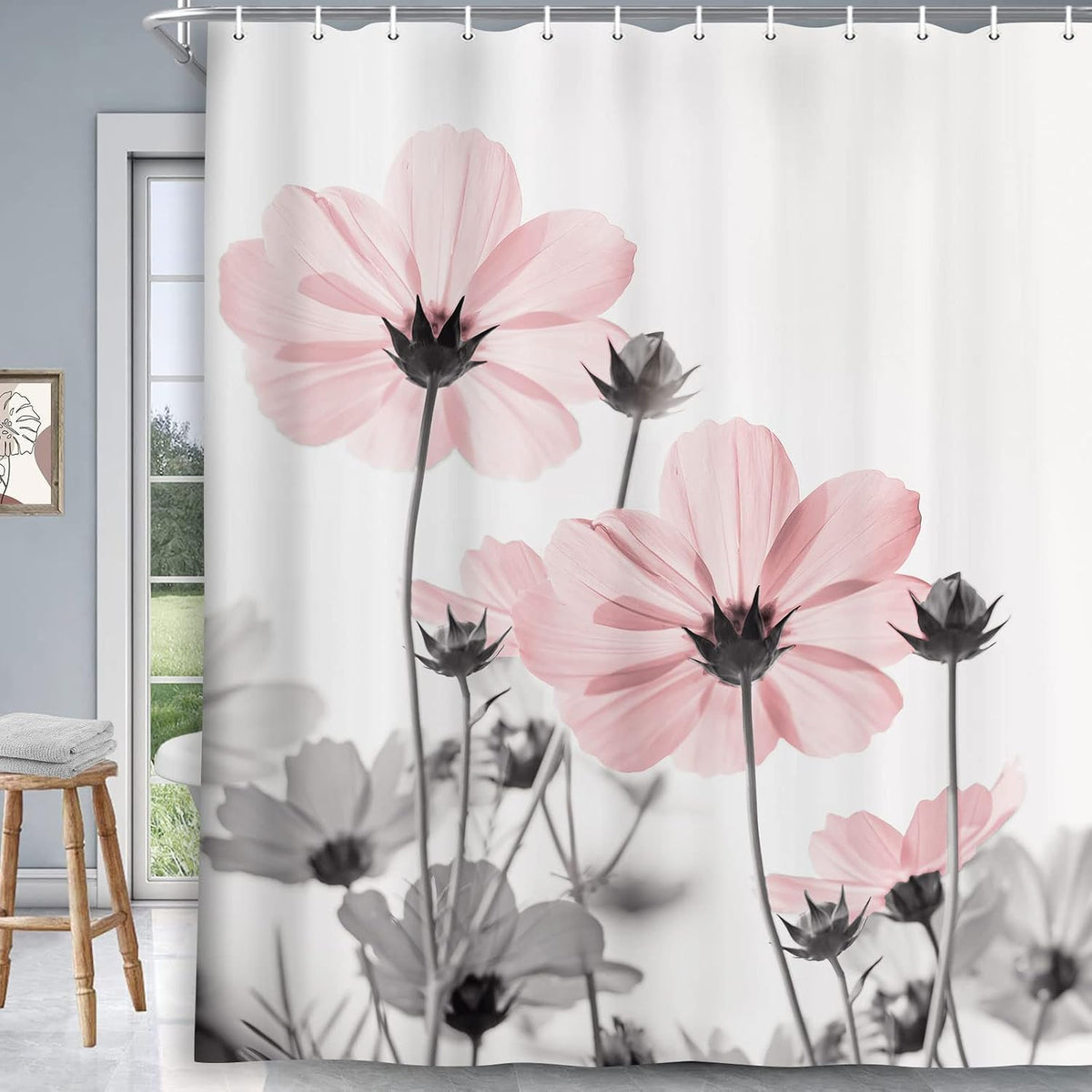 Unique Floral Pink Shower Curtain for Bathroom Decor, Pink and Grey Daisy Flower Elegant Wildflower Design Farmhouse Shower Curtains with Hooks Set, 71 X 71 Inches