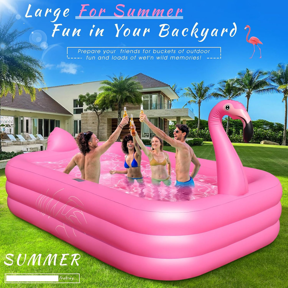 Inflatable Pool with Lights,Solar Flamingo Swimming Pool -Pink