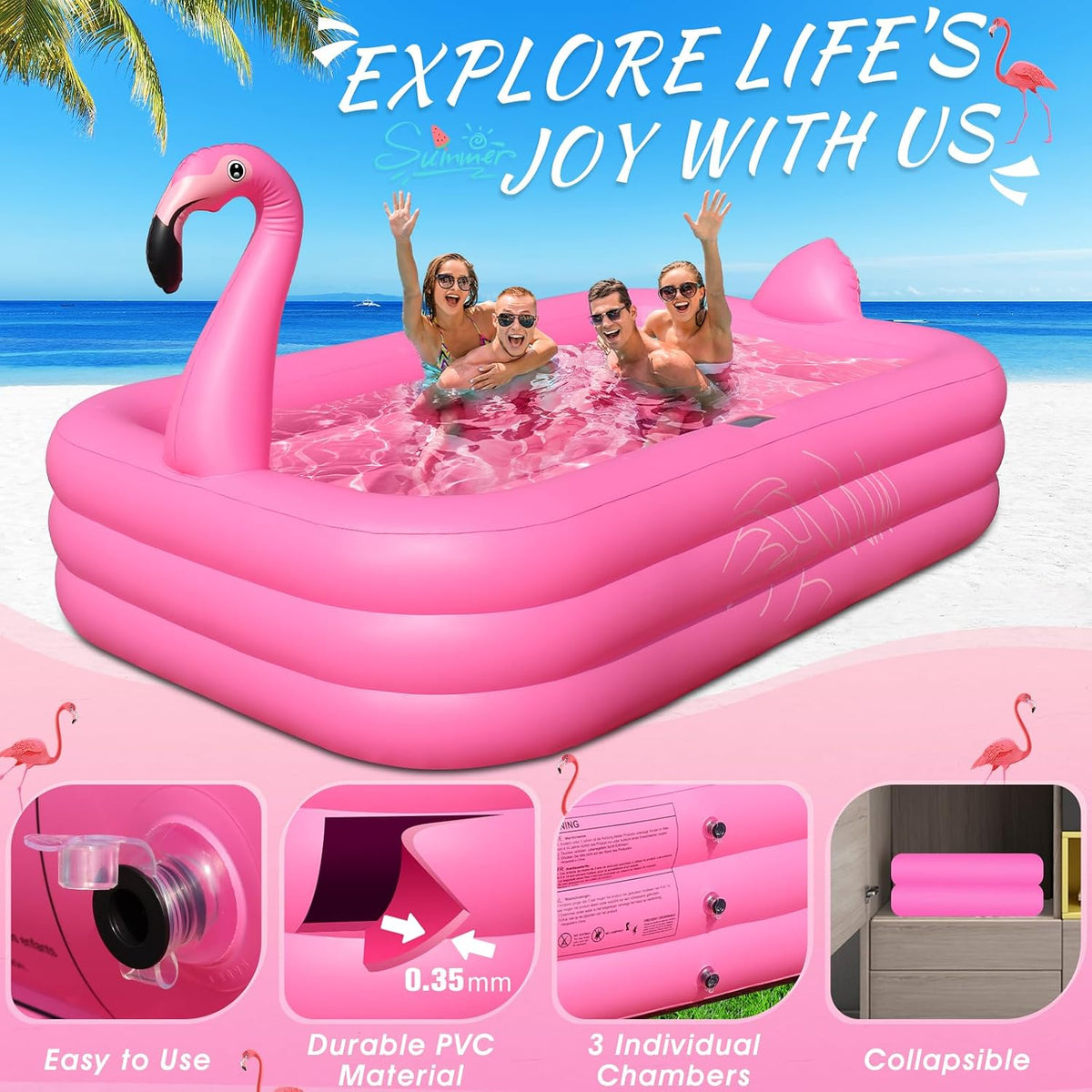 Inflatable Pool with Lights,Solar Flamingo Swimming Pool -Pink